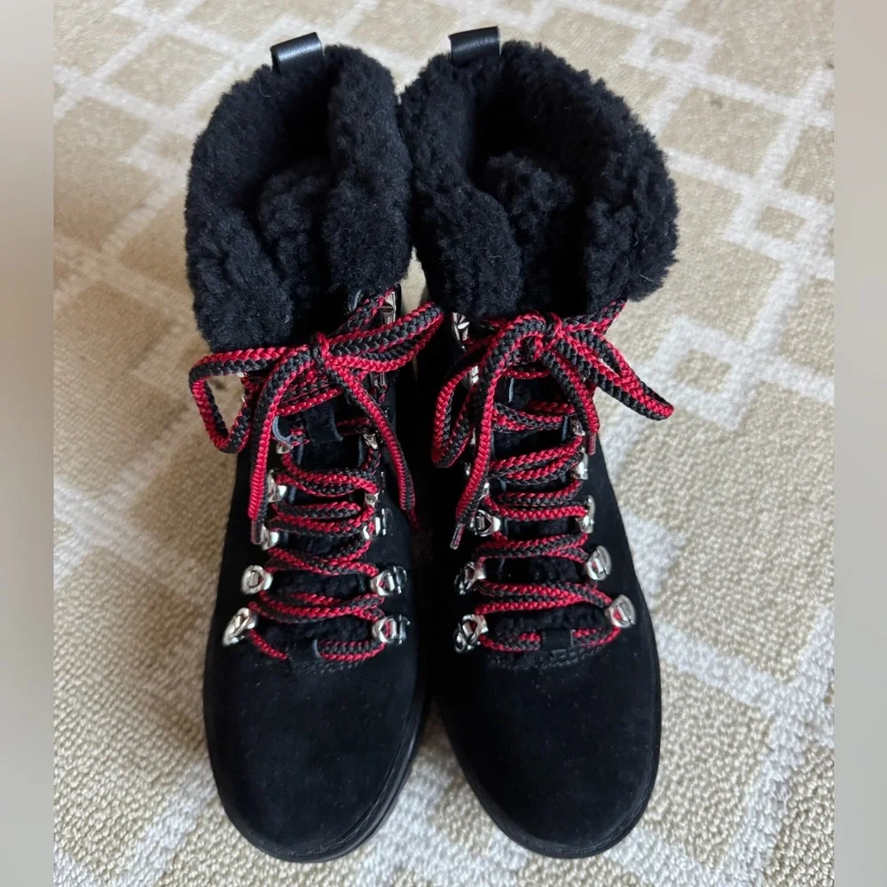Marc Fisher Suede Faux Fur Fall Winter Boots Lace-Up Lug Sole Black Red Size 5.5